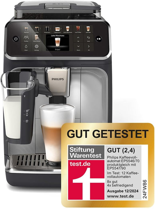 Philips Serie 5500 Kaffeevollautomat – LatteGo Milchsystem, 20 heiße und kalte Kaffeespezialitäten, 40% leiser mit SilentBrew, QuickStart, Schwarz und Silber (EP5546/70)